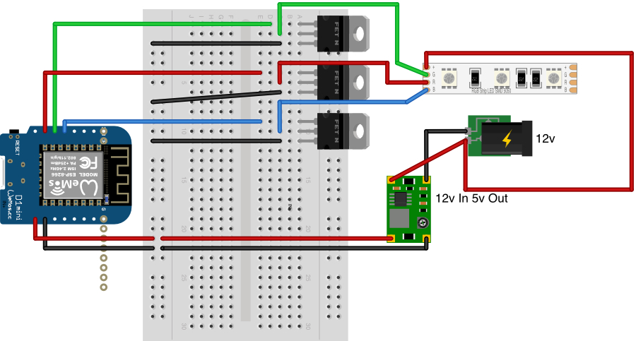 A circuit diagram in Fritzing, showing a ESP8266 board connected via mosfets to a LED strip and to 12v power via a step down to 5v converter