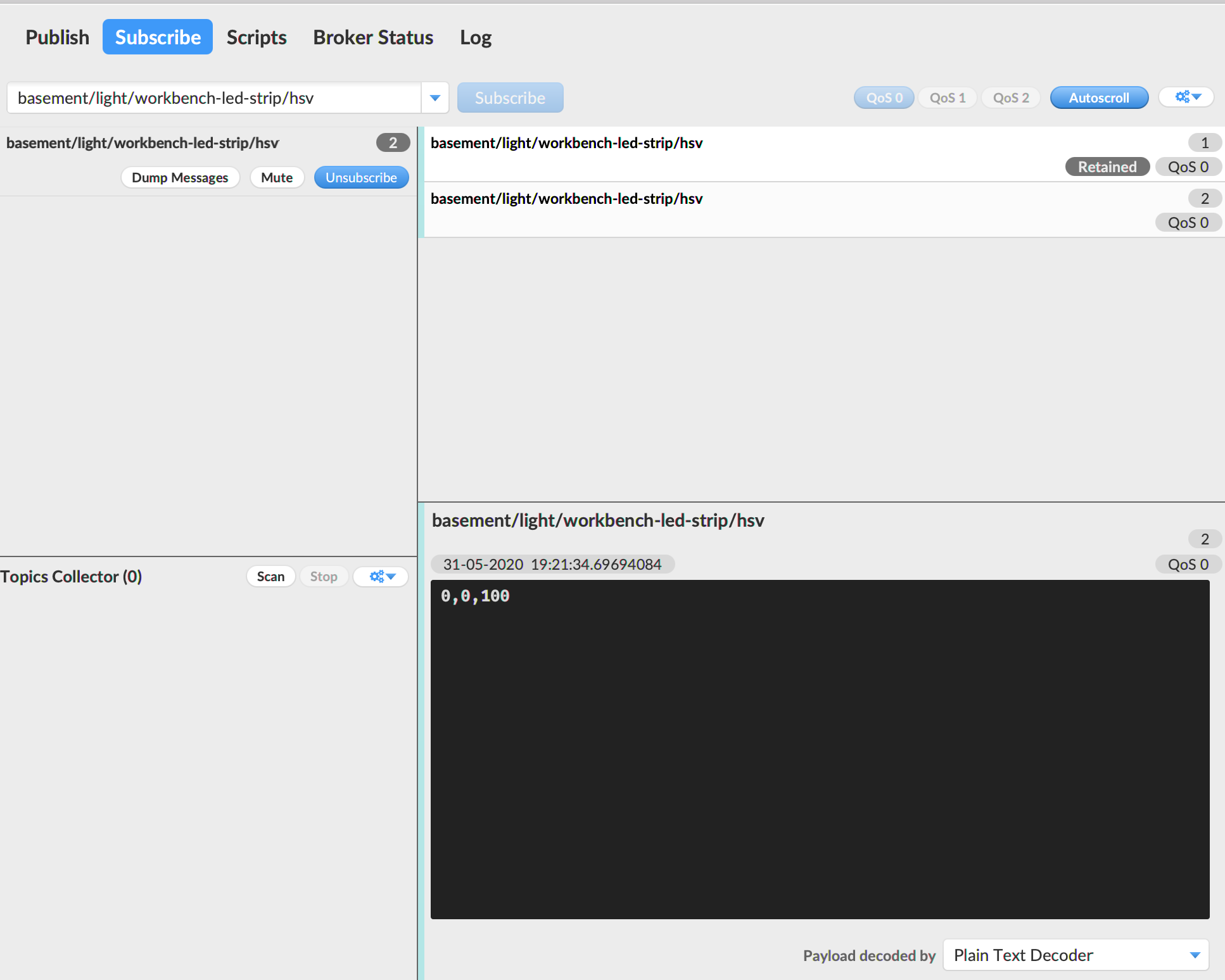 Screenshot of MQTT.fx application, that is connected to a local Mosquito server showing a mqtt message being posted.