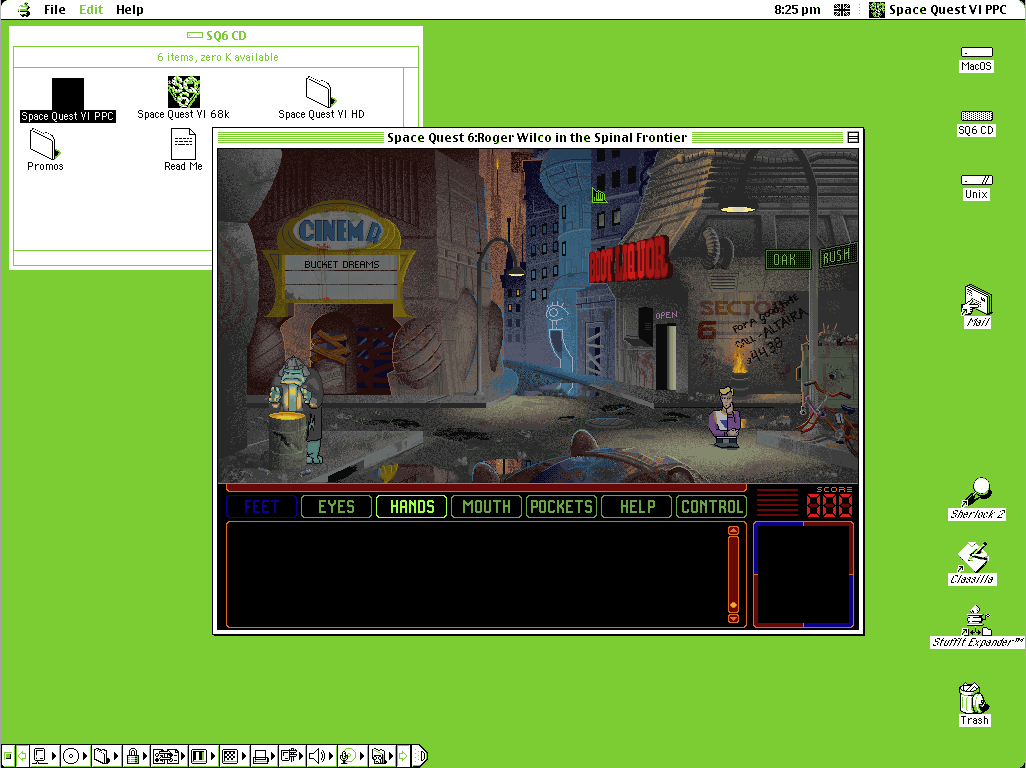 An screenshot of Space Quest VI running on OS 9.0.4 in Sheep Shaver emulator