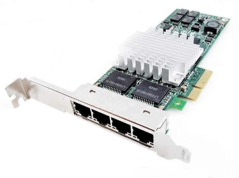 A picture of an Intel quad port pci-e network card isolated on a white background