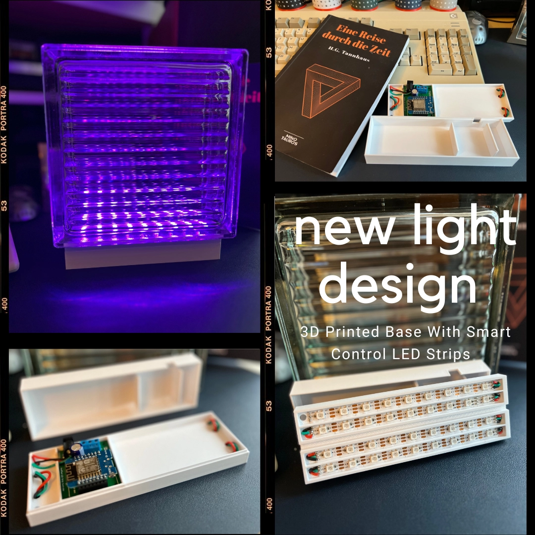 A image divided into four unequal sections with boarders that look like photo negatives,each section has a different image of the light construction with the largest image being the finished light. The image is overlaid with text that says new light design, 3D printed base with smart control LED strips.