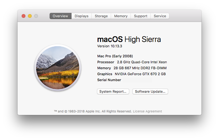 A screenshot of the the system overview in MacOS showing High Sierra installed on a 2008 Mac Pro