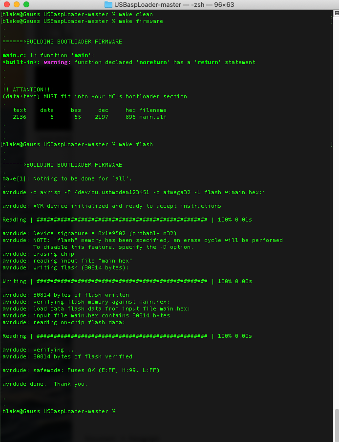 A screenshot of the terminal showing avrdude flashing a bootloader to an atmega32 microcontroller