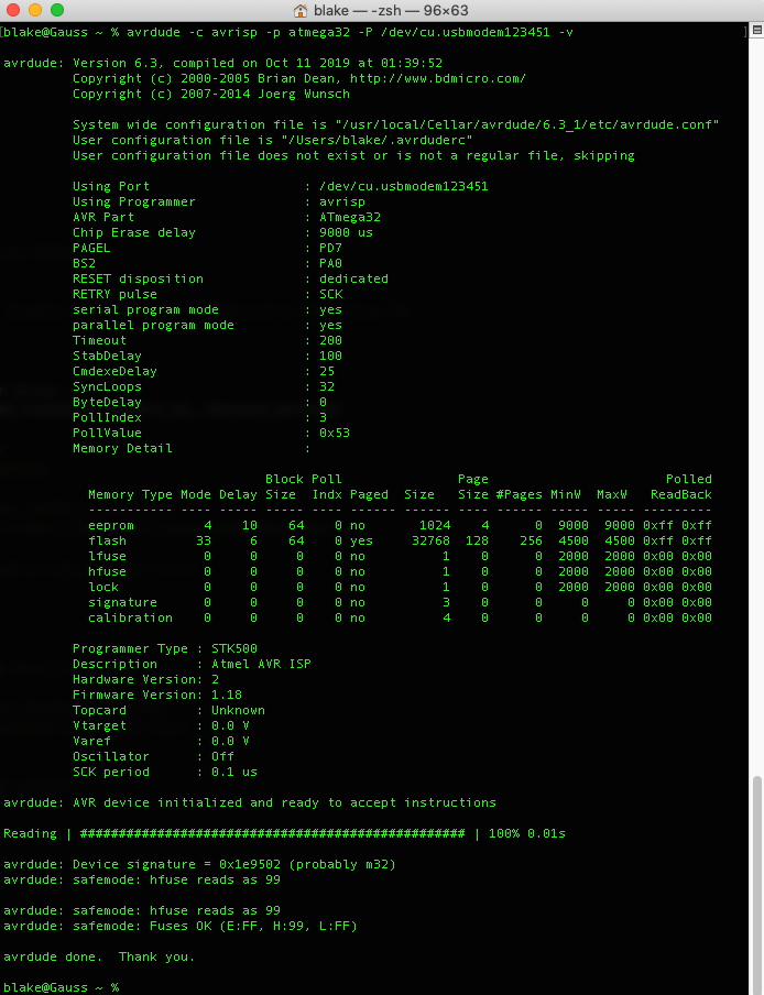 A screenshot of the terminal showing avrdude running and returning the details of the connected atmega32 chip via an ISP programmer