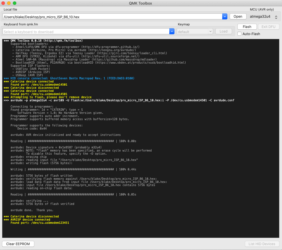 A screenshot of QMK Toolbox showing pro micro firmware being flashed to a pro micro dev board