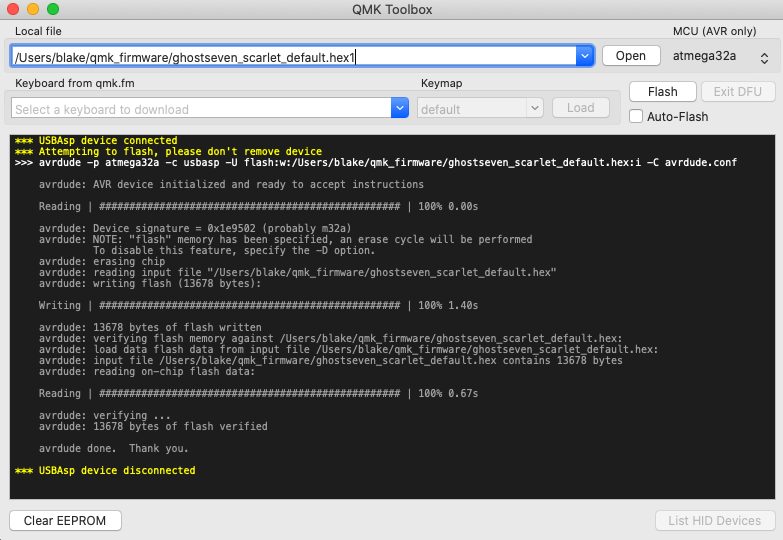 A screenshot of QMK Toolbox showing firmware being flashed to the test keyboard