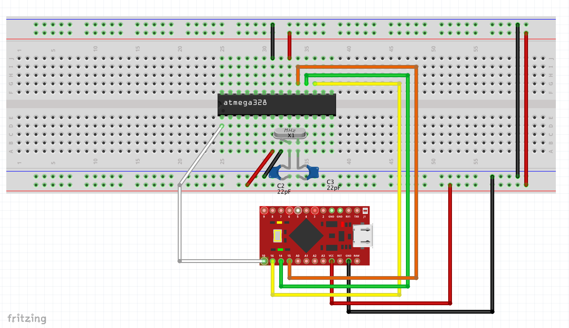 A screenshot of frizing, showing how to hookup an atmega328p to an ISP programmer