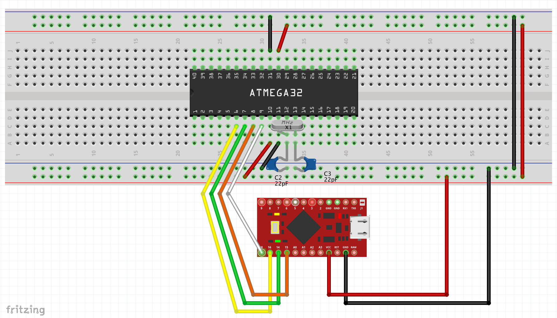 A screenshot of frizing, showing how to hookup an atmegs32 to an ISP programmer