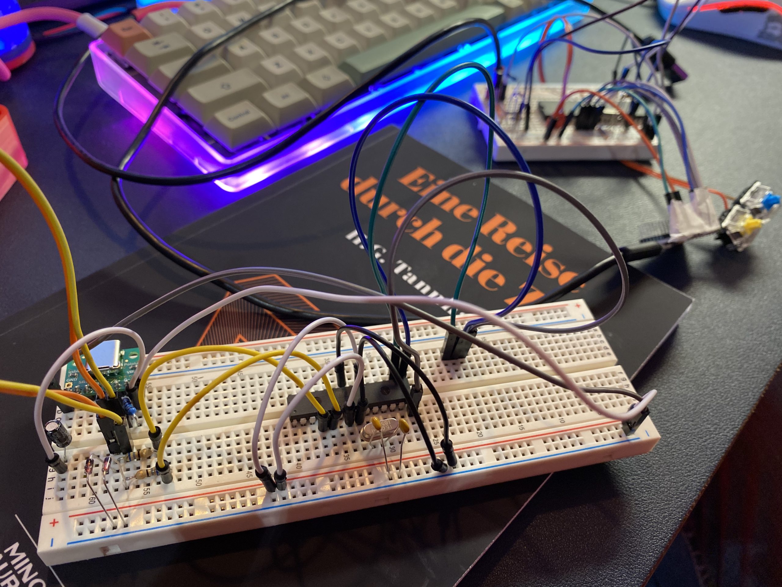 An image of a circuit breadboard sitting on top of a a german book "eine reise durch die zeit", the breadboard is populated by hookup wires resistors, a central microcontroller and a usb-c header. A mechanical keyboard is in the background.