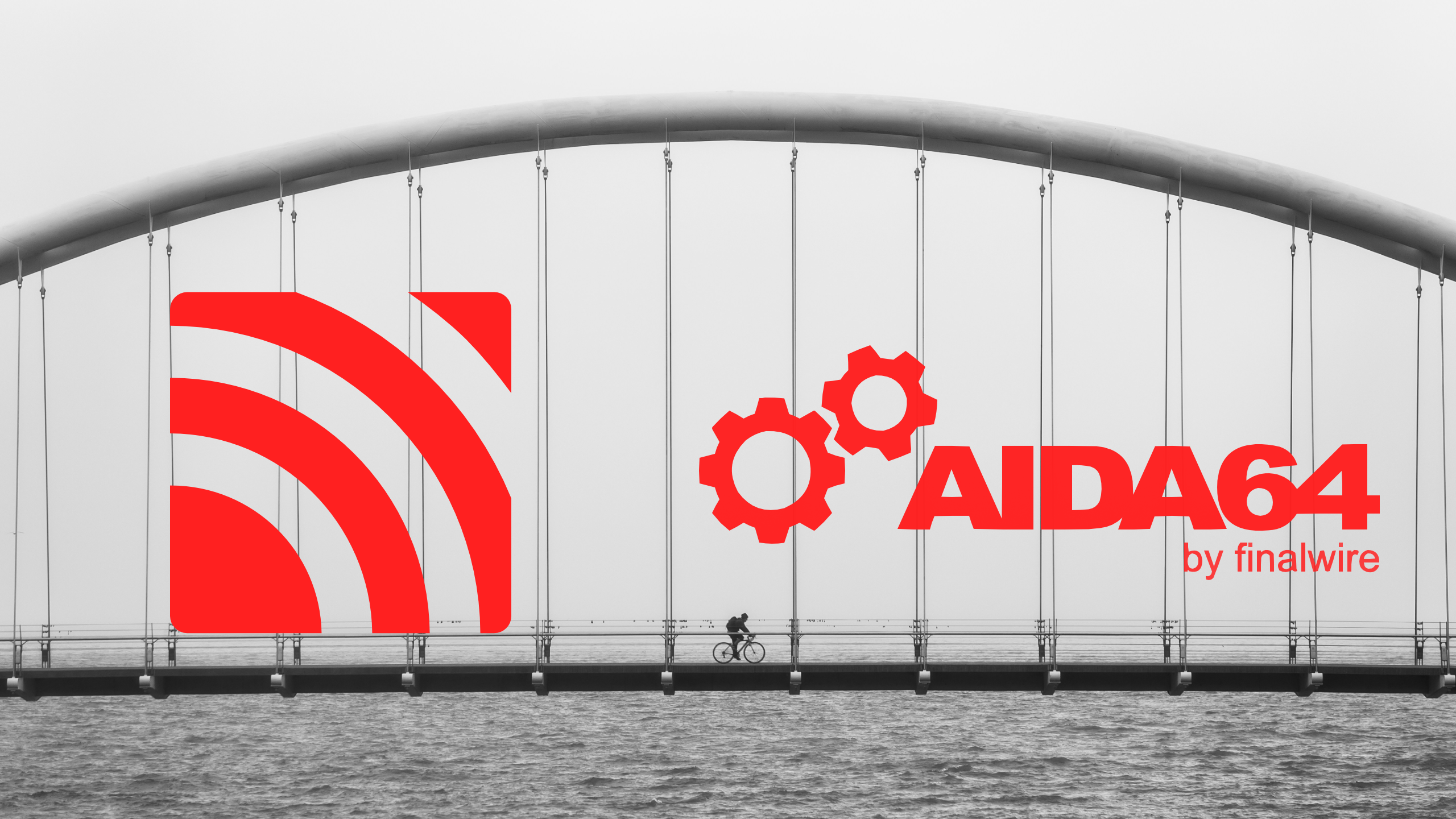 MQTT logo and AIDA64 logo overlaid on an black an white image of a bridge with a single cyclist riding across it.