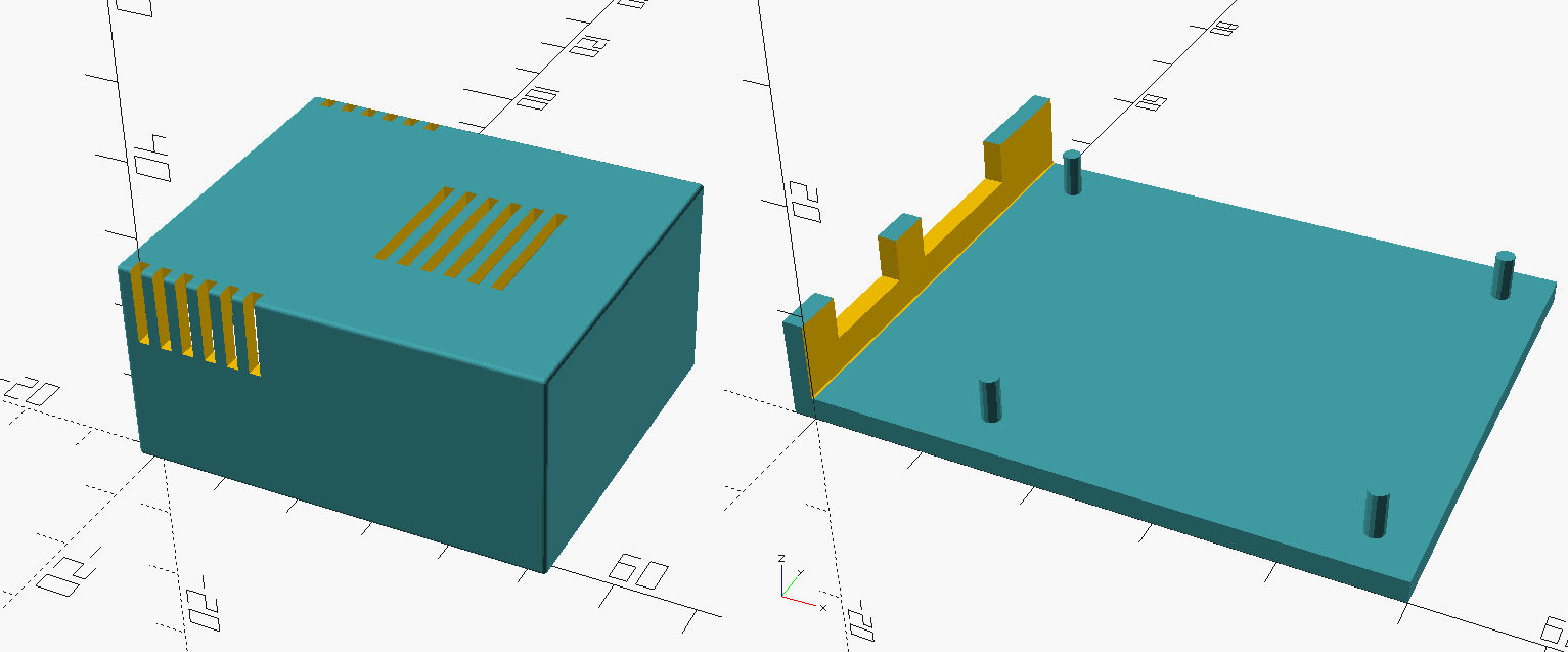 A screenshot of OpenSCAD showing a render of a case for the neopixel circuit board, it is yellow and green.