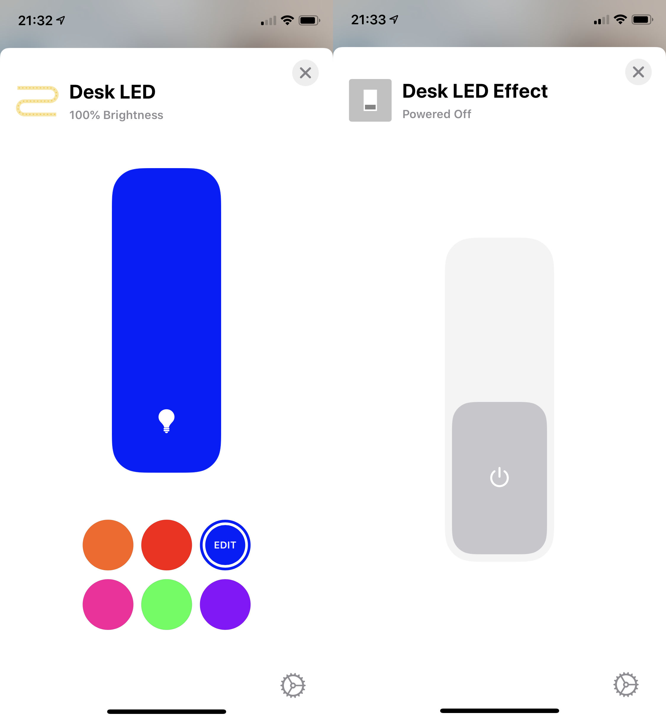 Two side by side screenshots of the IOS home app showing a led strip colour selection and switch.