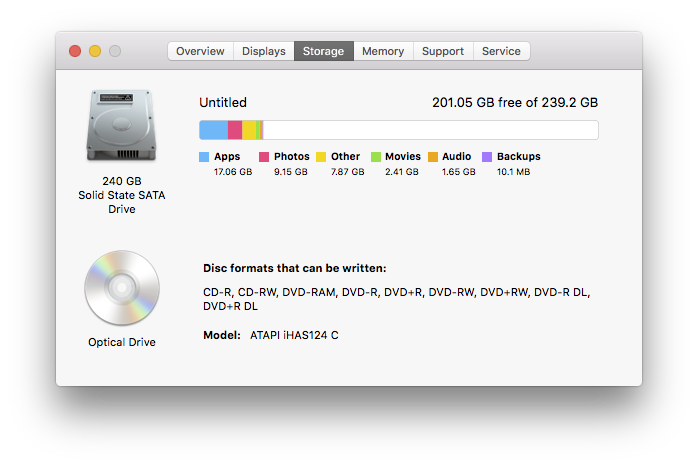 A screenshot of the storage overview in MacOS showing the new SSD and DVD drive.